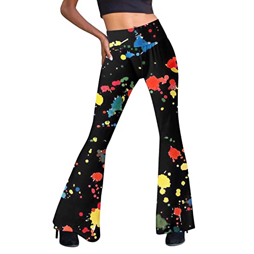 Damen Stretch Schlaghose Boho Strandhose Hippie Blumen Weites Bein Yogahose Leicht Hohe Taille Mode Bedruck Freizeithose Slim Fit Jogginghose Baumwolle Hosen High Waist Sommerhose (Black-1, M) von Generisch