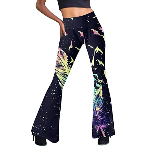 Damen Stretch Schlaghose Boho Strandhose Hippie Blumen Weites Bein Yogahose Leicht Hohe Taille Mode Bedruck Freizeithose Slim Fit Jogginghose Baumwolle Hosen High Waist Sommerhose (Yellow-7, L) von Generisch