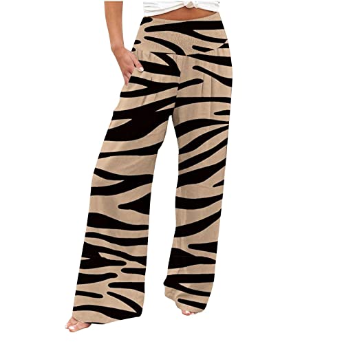 Damen Stretch Sommerhose mit Taschen Klassisch Boho Hose gepunktet mit Leopardenmuster Weite Yogahose Mode Freizeithose mit Gummibund(Brown,L) von Generisch
