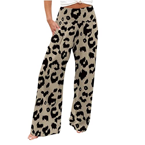 Damen Stretch Sommerhose mit Taschen Klassisch Boho Hose gepunktet mit Leopardenmuster Weite Yogahose Mode Freizeithose mit Gummibund(Coffee,XL) von Generisch