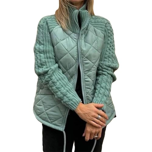 Damen Strick-Patchwork-Pufferjacke, gesteppt, durchgehender Reißverschluss, leichte kurze Jacke mit Taschen, blau, XXL von Generisch
