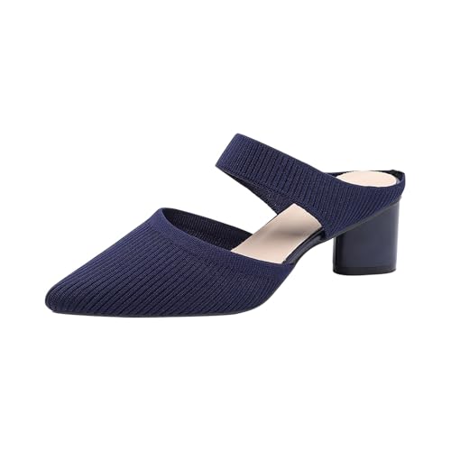 Damen Strick Slip-On Slide Sandalen Spitze Geschlossene Zehe Chunky Block Heel Atmungsaktive rutschfeste Wandersandale (Blue, 38) von Generisch