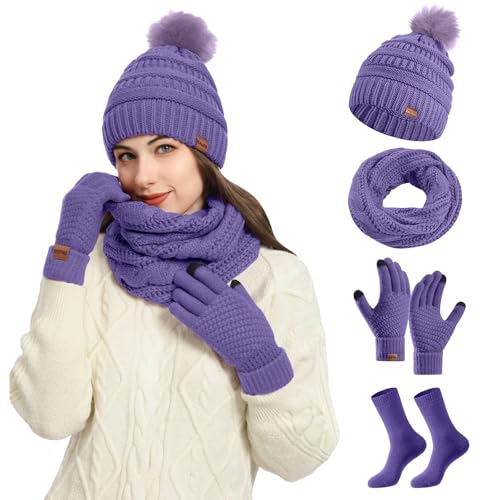 Damen Strick Wintermütze 4 Stücke Schal 2024 Handschuhe und Socken Set Winter Warme Strickmütze Schal Dicke Weihnachtsgeschenke Winterhandschuhe Thermo Gestrickte Socken 4 in 1 Winterzubehör von Generisch