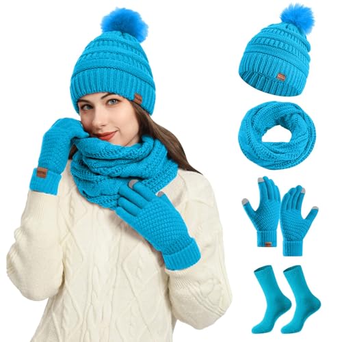 Damen Strick Wintermütze 4 Stücke Schal 2024 Handschuhe und Socken Set Winter Warme Strickmütze Schal Dicke Weihnachtsgeschenke Winterhandschuhe Thermo Gestrickte Socken 4 in 1 Winterzubehör von Generisch
