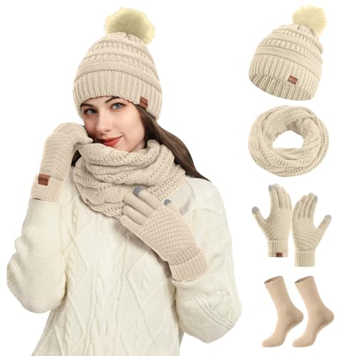 Damen Strick Wintermütze 4 Stücke Schal 2024 Handschuhe und Socken Set Winter Warme Strickmütze Schal Dicke Weihnachtsgeschenke Winterhandschuhe Thermo Gestrickte Socken 4 in 1 Winterzubehör von Generisch