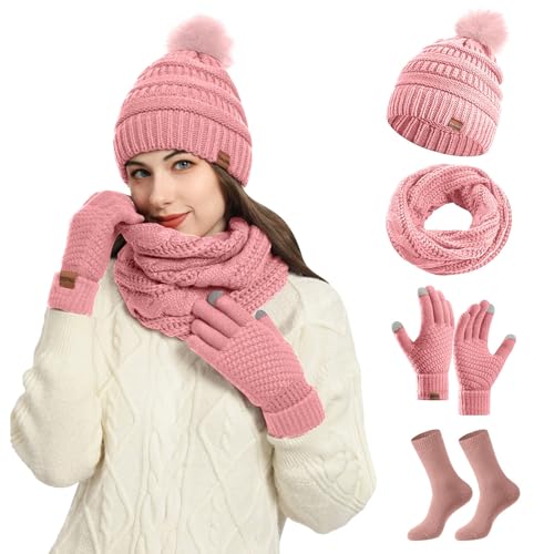 Damen Strick Wintermütze 4 Stücke Schal 2024 Handschuhe und Socken Set Winter Warme Strickmütze Schal Dicke Weihnachtsgeschenke Winterhandschuhe Thermo Gestrickte Socken 4 in 1 Winterzubehör von Generisch