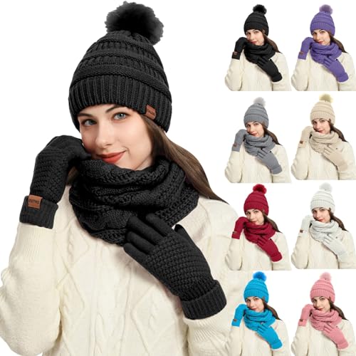 Damen Strick Wintermütze 4 Stücke Schal 2024 Handschuhe und Socken Set Winter Warme Strickmütze Schal Dicke Weihnachtsgeschenke Winterhandschuhe Thermo Gestrickte Socken 4 in 1 Winterzubehör von Generisch