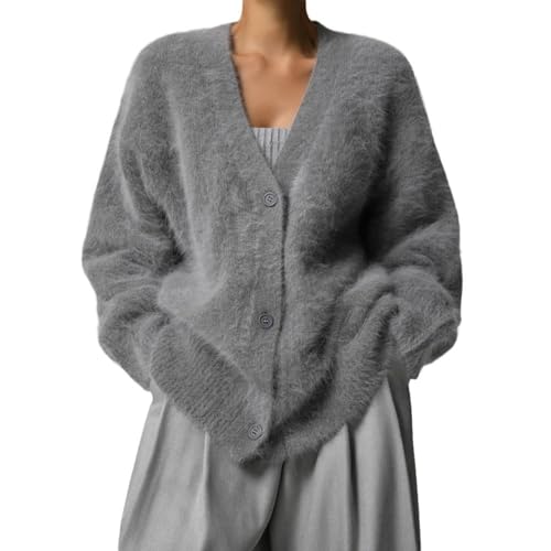 Damen-Strickjacke, Kunstfell, Knopf, V-Ausschnitt, lange Ärmel, übergroß, lässig, pelzig, Pullover, Mantel, Damenoberteil, dunkelgrau, M von Generisch