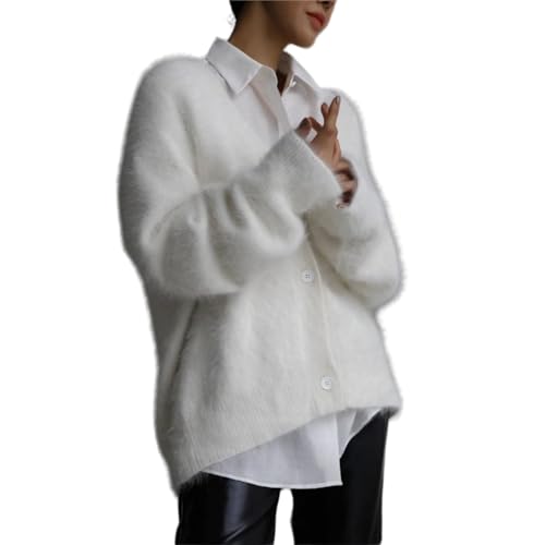 Damen-Strickjacke, Kunstfell, Knopf, V-Ausschnitt, lange Ärmel, übergroß, lässig, pelzig, Pullover, Mantel, Damenoberteil, weiß, S von Generisch
