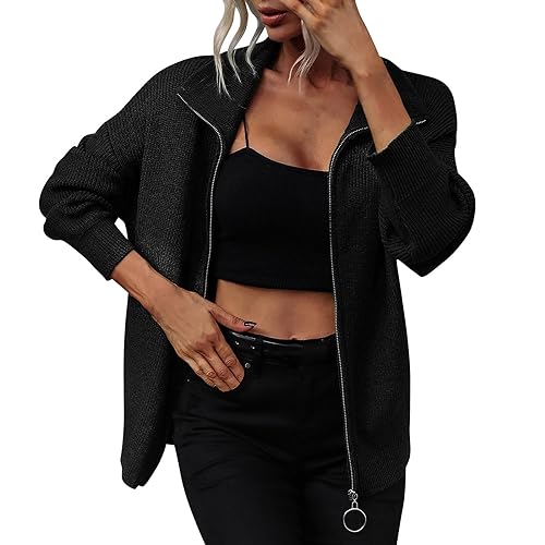 Damen-Strickjacke, lässig, vorne offen, Pullover, Tops, Herbst und Winter, gestrickter Rollkragen, einfarbig, Damen-Strickwaren, europäischer und amerikanischer Reißverschluss, übergroße Strickjacke, von Generisch