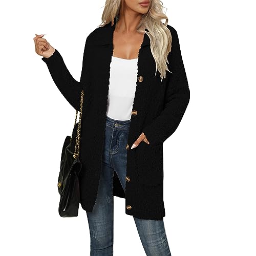 Damen Strickjacke Lang Fleece Strickjacken Für Damen Winter Warm Mit Knöpfen Winterjacke Damen Lange Plüsch Cardigan Elegant Langarm mit Kragen Longstrickjacke Einfarbig Mantel mit Taschen von Generisch