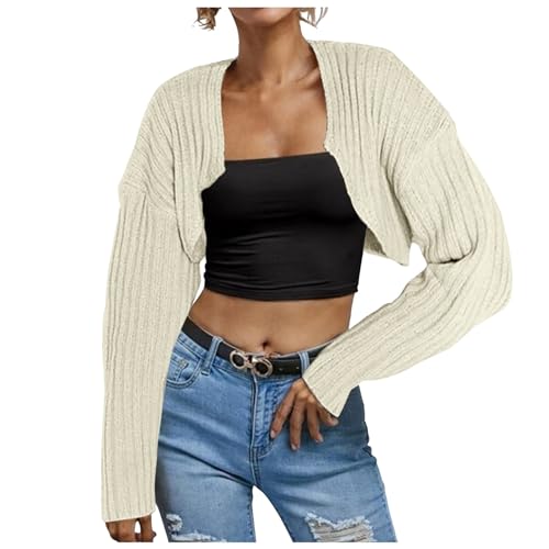 Damen Strickjacke Langärmelig Vorne Offen Gerippter Strick Crop Cardigan Solide Lockere Tropfen Schulter Bolero Crop Pullover & Strickjacken Für Mädchen Outdoor Freizeit Cardigan (Beige, L) von Generisch