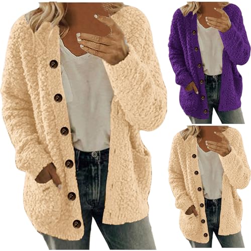 Damen Strickjacke Langarm Ausschnitt Strickpullover Modisch Warm Pullover Elegant Gestrickt Cardigan mit Knöpfen Mantel Stilvoller Locker Jacken Trendiger Fleece Taschen Winterjacke von Generisch