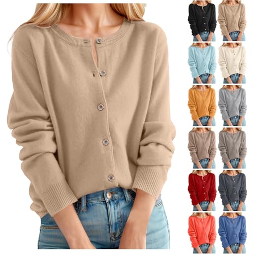 Damen Strickjacke Rundhalsausschnitt Kaschmir Cardigan Knopfleiste lässig Leichte Strickpullover Vintage Langarm Rundhalsstrickjacke Frauen Klassisch Jacke Elegante Pullover mit Knöpfen #A02 Gold XL von Generisch