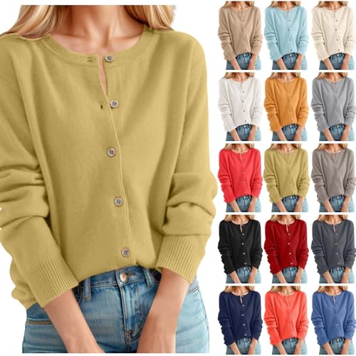 Damen Strickjacke Rundhalsausschnitt Kaschmir Cardigan Knopfleiste lässig Leichte Strickpullover Vintage Langarm Rundhalsstrickjacke Frauen Klassisch Jacke Elegante Pullover mit Knöpfen #A08 Khaki M von Generisch