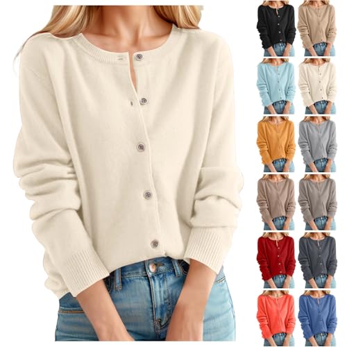 Damen Strickjacke Rundhalsausschnitt Kaschmir Cardigan Knopfleiste lässig Strickpullover Vintage Leichte Langarm Klassisch Jacke Rundhalsstrickjacke Frauen Elegante Pullover mit Knöpfen #A01 Beige S von Generisch