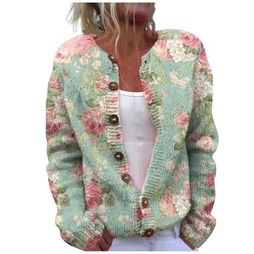 Damen Strickjacke Weihnachten Bedruckte Knöpfe Weihnachtskleidung Frauen Oberbekleidung Mit Taschen Übergroße Pullover Cardigan Für Herbst Winter Tag Reißverschluss, A08#Minzgrün, XL von Generisch