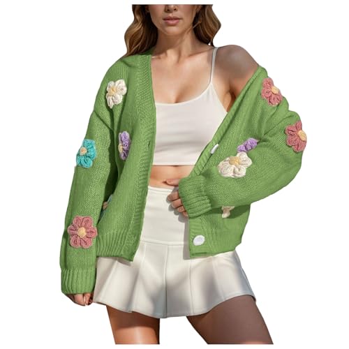 Damen Strickjacke mit Blumenmuster Vorne Offen Cardigan Strickjacken V-Ausschnitt Knopfleiste Sweater Elegant Casual Schulterjacke Tops Kurz Strickpullover Mantel Langarm Winter Casual (Green, XL) von Generisch