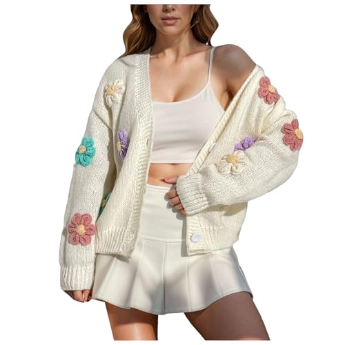 Damen Strickjacke mit Blumenmuster Vorne Offen Cardigan Strickjacken V-Ausschnitt Knopfleiste Sweater Elegant Casual Schulterjacke Tops Kurz Strickpullover Mantel Langarm Winter Casual (White, S) von Generisch