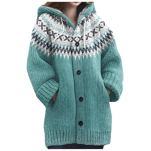 Damen Strickjacke mit Lang Zopfmuster mit Kapuze - lange Ärmel offene Vorderseite V-Ausschnitt Knopfleiste mit Taschen Stickerei Wollmischung Grobstrick Cardigan Jacke Outdoor-Kleidung Kapuzenjacke von Generisch