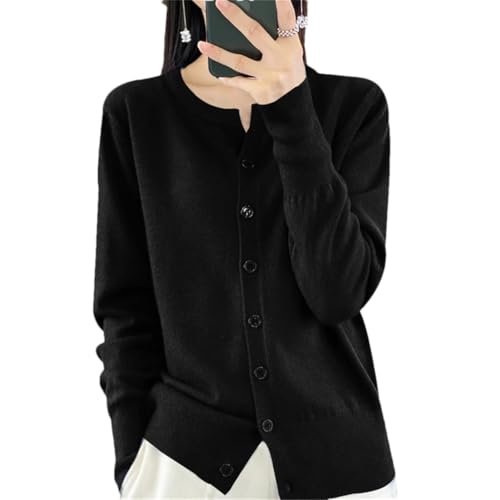 Damen-Strickjacke mit Rundhalsausschnitt, Kaschmir, einfarbig, lockere Strickjacke, Wollstrickjacke, Schwarz , S von Generisch