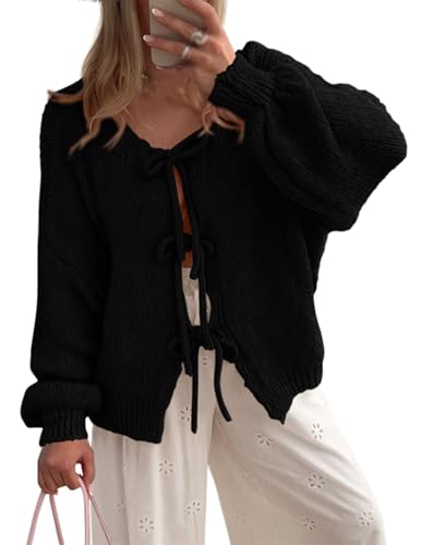 Damen Strickjacke mit Schnürung vorne, Schleife, lange Ärmel, offene Vorderseite, übergroße Strickwaren, Herbst-Winterjacke, Mäntel, Schwarz , XL Damen Strickjacke mit Schnürung vorne, Schleife, lange Ärmel, offene Vorderseite, übergroße Strickwaren, Herbst-Winterjacke, Mäntel, Schwarz , XL von Generisch