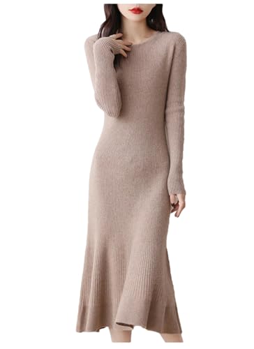 Damen Strickkleid Wollkleid Langarm Rundhals Freizeitkleid High Stretch A-Linie Kleid, Braun Grau, L von Generisch