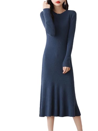 Damen Strickkleid Wollkleid Langarm Rundhals Freizeitkleid High Stretch A-Linie Kleid, blau, L von Generisch