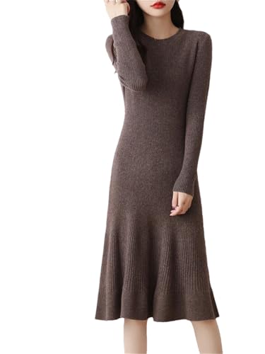 Damen Strickkleid Wollkleid Langarm Rundhals Freizeitkleid High Stretch A-Linie Kleid, coffee, L von Generisch