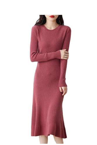 Damen Strickkleid Wollkleid Langarm Rundhals Freizeitkleid High Stretch A-Linie Kleid, rot, L von Generisch