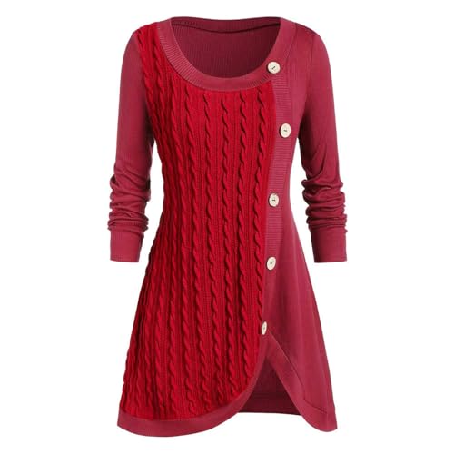 Damen Strickpullover Lang Elegant Strickkleid Damen Winter mit Knöpfen Pulloverkleid Damen Oversize Strick Winterkleid Lang Große Größen Pullikleid A Linie mit Zopfmuster Pullover Winter von Generisch