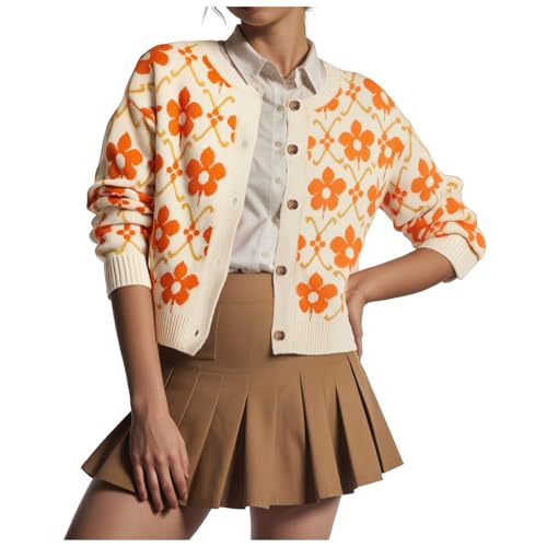 Damen Strickpullover Langarm Baumwollmix mit Karomuster un d Halloween Geis TER Druck Übergröße bis mit Weichem Retro Bequemer Freizeitpullover für Halloween Party (D-Orange, S) von Generisch
