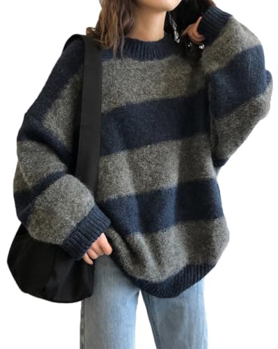 Damen Strickpullover Oversize Rundhals Langarm Gestreifter College Strickpullover Retro Winter Colorblock Pullover (Blau, M) von Generisch