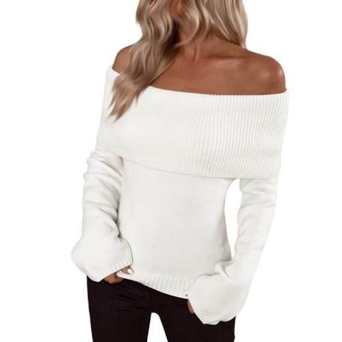 Damen Strickpullover Schulterfrei Einfarbig Pullover Damen Winter Pulli Damen Elegant Off Shoulder Winterpullover Warm Strick Winterpulli Grobstrick Warme Damenpullover Langarm Winter Lässig von Generisch
