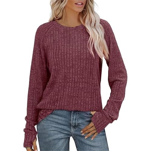 Damen Strickpullover Winter Langarm Rundhals Bequem Warm Einfarbig Freizeit Baumwolle Henley Shirt Herbst 2025 Loose Fit von Generisch
