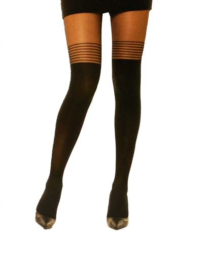 Damen Strumpfhose in Overknee Look 40/120 DEN mit Streifen Schwarz (DE/NL/SE/PL, Alphanumerisch, L, XL, Regular, Regular, Schwarz) von Generisch