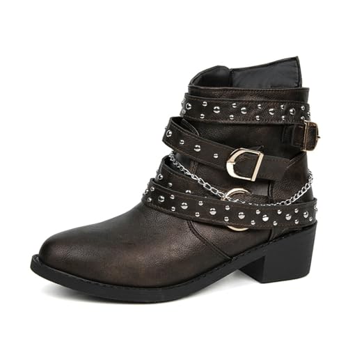 Damen Stylische Wintermode Stiefeletten Mit Schnalle Seitlichem ReißVerschluss für Elegante Herbstmode, Damen Klassische Comfort Stiefeletten, Blockabsatz Bequemer Gummistiefel von Generisch