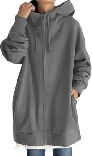Damen Sweatjacke Mit Kapuze Hoodie Jacke Oversize Zipper Sportjacke Herbst Winter Frauen Langarm Leichte Hoodies Lose Casual Style Bomberjacke Einfarbig übergangsjacke Y2k Kapuzenjacke for Teenager von Generisch