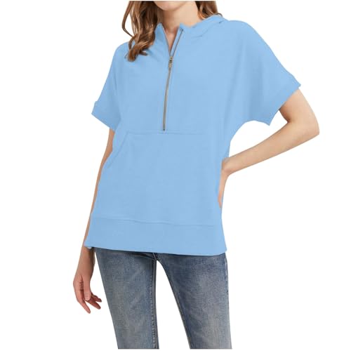 Damen-Sweatshirt, kurzärmelig, lockere Passform, einfarbig, trendiger Pullover, Oberteil, leicht, Herbst-Reißverschluss mit Kapuze, einfarbig, mit Kapuze, niedliches Land 2025, Y2K, blau, XL von Generisch