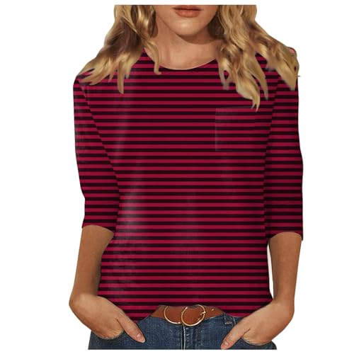 Damen T-Shirt 3/4 Arm Oberteile Tops Rundhalsausschnitt Gestreift Druck Sommershirts Elegant Freizeit Leicht Und Luftig Klassischer Loose Langarmshirt T-Shirt von Generisch
