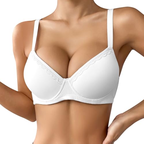 Damen T-Shirt BH mit Bügel Große Größe Push Up Gepolstert Bralette Atmungsaktiv Bequemer Softschalen BHS Dünn Schlaf-BH Klassische Top Verstellbarer Schultergurt (White, 90B) von Generisch