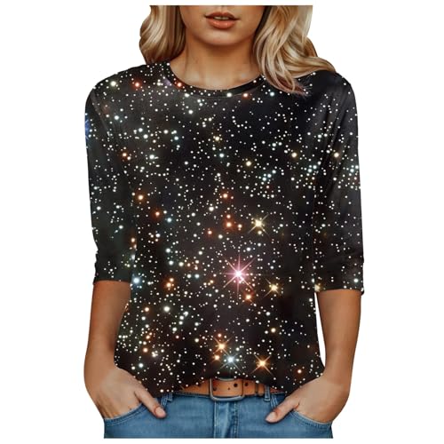 Damen-T-Shirt mit 3/4-Ärmeln,Galaxy Shirt Damen 3D Galaxie Bedrucken T-Shirts Oberteile Tops für Karnevalskostüme Galaxie Universum Stern Weltraum Grafik Galaxy Tshirt Karneval (15-Gold, L) von Generisch