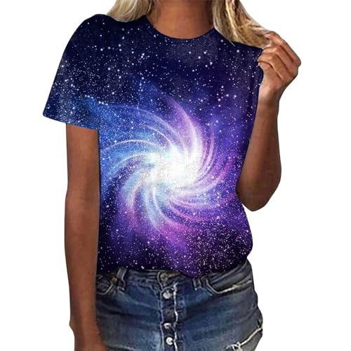 Damen-T-Shirt mit Galaxy-Sternenhimmel-Muster, Rundhalsausschnitt, lockeres, kurzärmliges Oberteil Oversized Shirt Damen T Shirt Sommer Kurzarm Lose T-Shirts Für Damen Tops (Dark Blue, XL) von Generisch