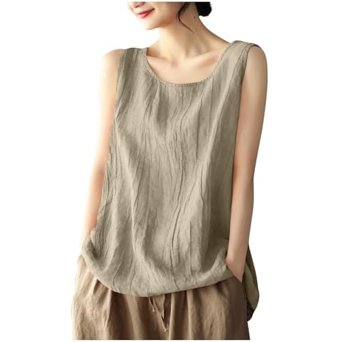 Damen Tank Top Elegant Sommer Mode Bluse Oberteil Lässig Tshirt Musselin Leinenbluse Baumwolle Ärmellos T-Shirt Leinenshirt Bequem Atmungsaktiv Sexy Tops Urlaub Strand Leinenhemd Blusenshirt Tanktop von Generisch