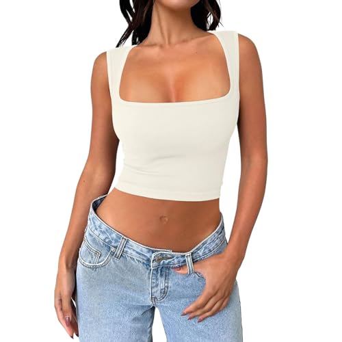 Damen Tank Top Kutz Ärmellose T Shirt Sommer Basic Top Viereckiger Ausschnitt Sexy Spaghettiträger Bauchfrei Tops Cropped Tanktops Crop Top Athletic Shirts für Frauen Kurzer Tanktop Elegant von Generisch