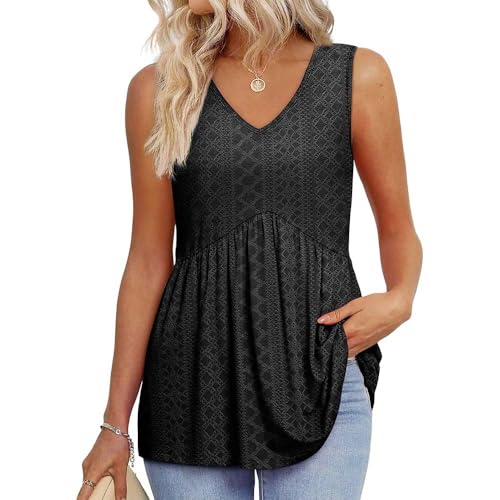 Damen Tank Tops Sommer V-Ausschnitt Ärmelloses Figurformendes Tanktop Eyelet Embroidery Flowy Peplum Tops (DE/NL/SE/PL, Alphanumerisch, XXL, Regular, Regular, Schwarz) von Generisch