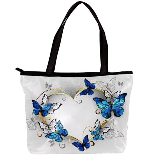 Damen Tasche Schultertasche Handtasche Goldenes Herz mit blauen und weißen Schmetterlingen Druck Reißverschluss Geldbörse Top-Griff Reißverschluss Taschen für Fitnessstudio, Arbeit, Schule, von Generisch