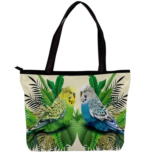 Damen Tasche Schultertasche Handtasche Grün Blau Wellensittich in Blättern Pärchen Druck Reißverschluss Geldbörse Top-Griff Reißverschluss Taschen für Fitnessstudio, Arbeit, Schule, mehrfarbig, von Generisch