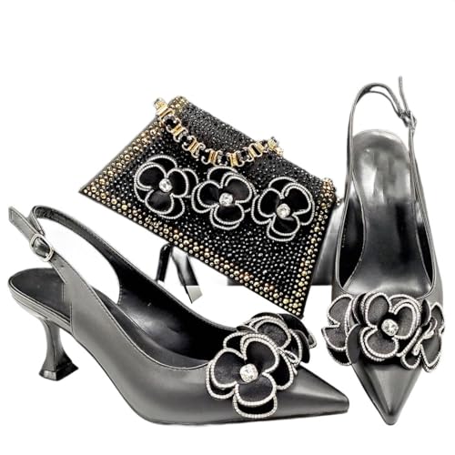 Damen Taschen mit spitzem Absatz und einfarbigen Blumendetails, Strass-Design, Schwarz , 41 EU von Generisch