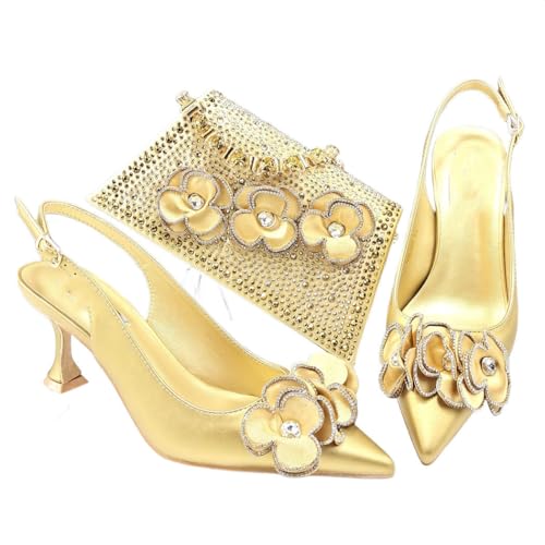 Damen Taschen mit spitzem Absatz und einfarbigen Blumendetails, Strass-Design, gold, 42.5 EU von Generisch